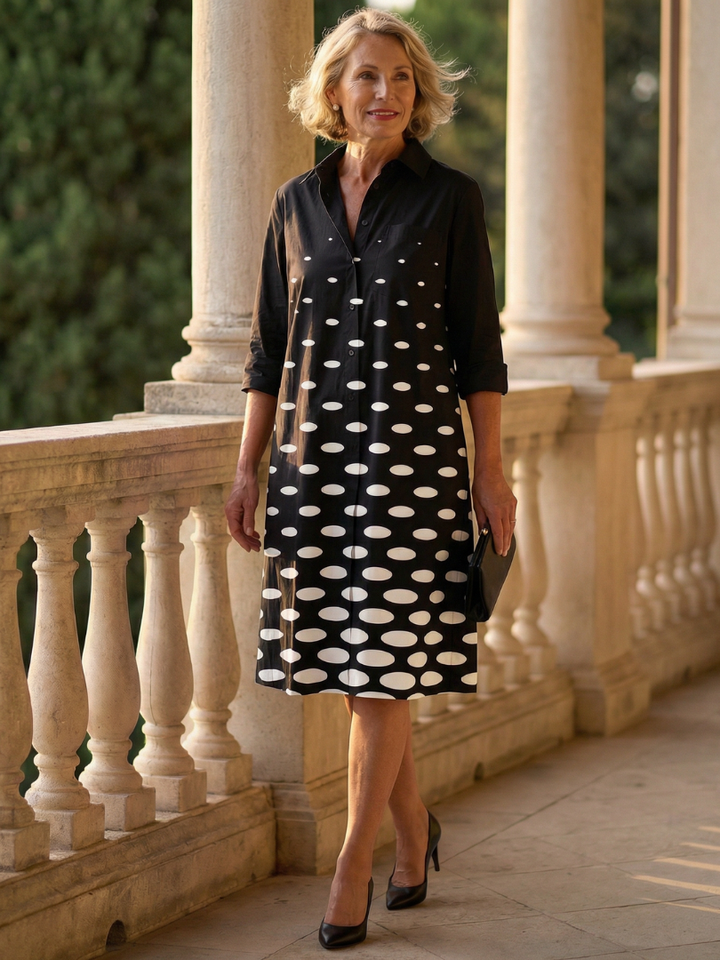 Faye Evening Dress | Lightweight Polka Dot, Knee Length