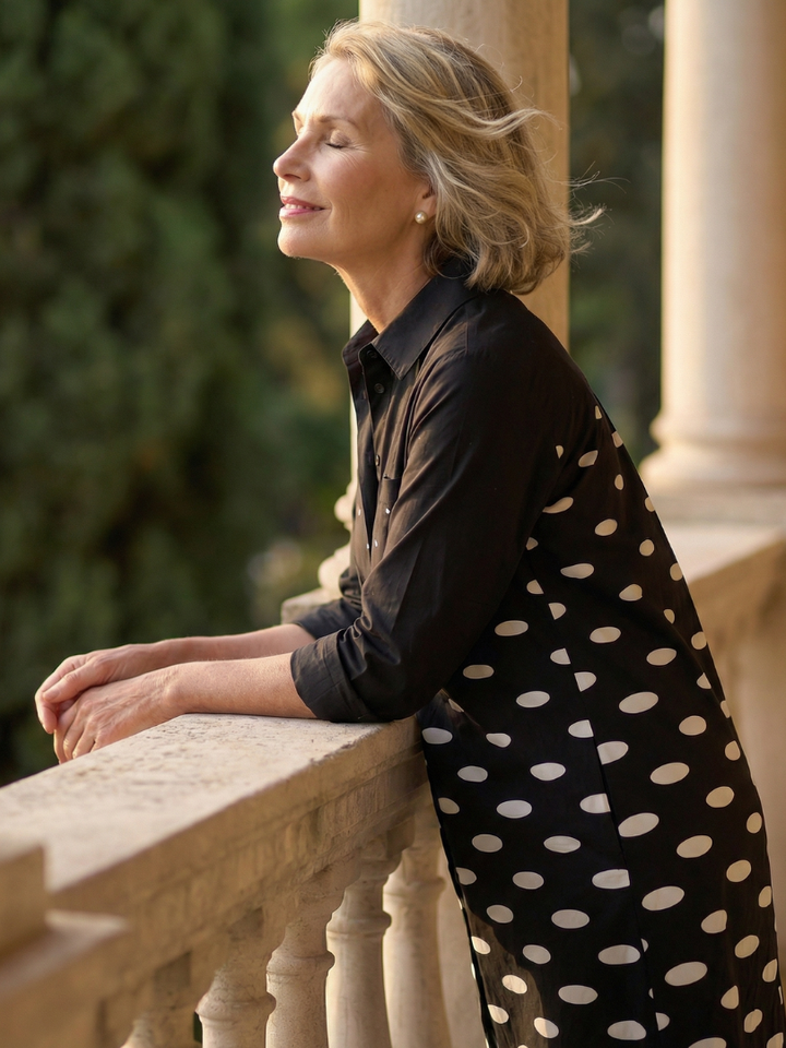 Faye Evening Dress | Lightweight Polka Dot, Knee Length